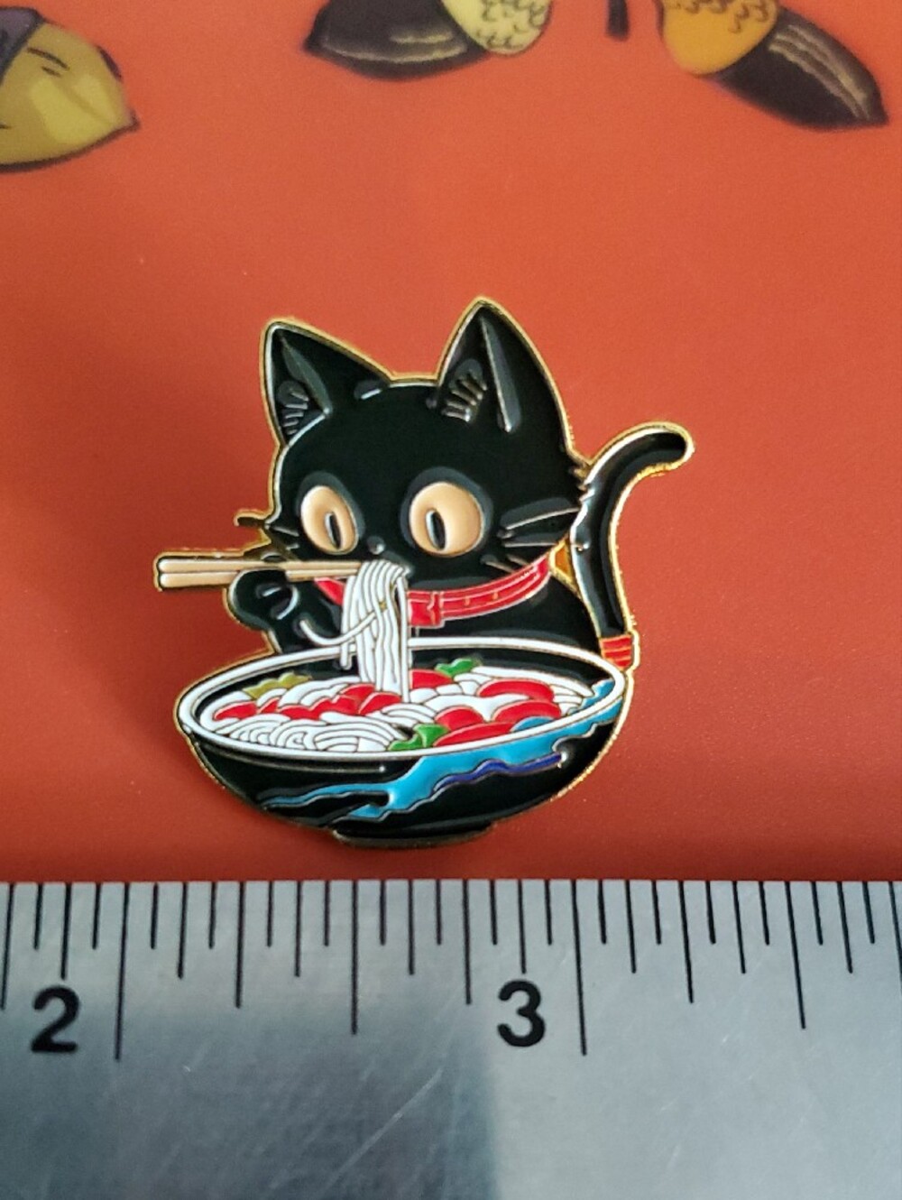 Black Cat Ramen Enamel Pin - Cute Cat with Noodles - Picture 2 of 4